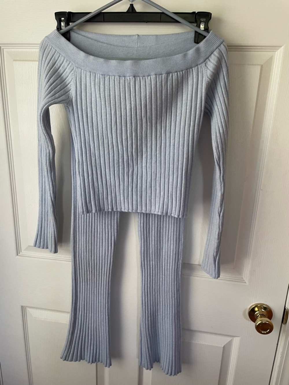 Aerie Ribbed Lounge Set Blue Off Shoulder Top M Flare Pants S/M